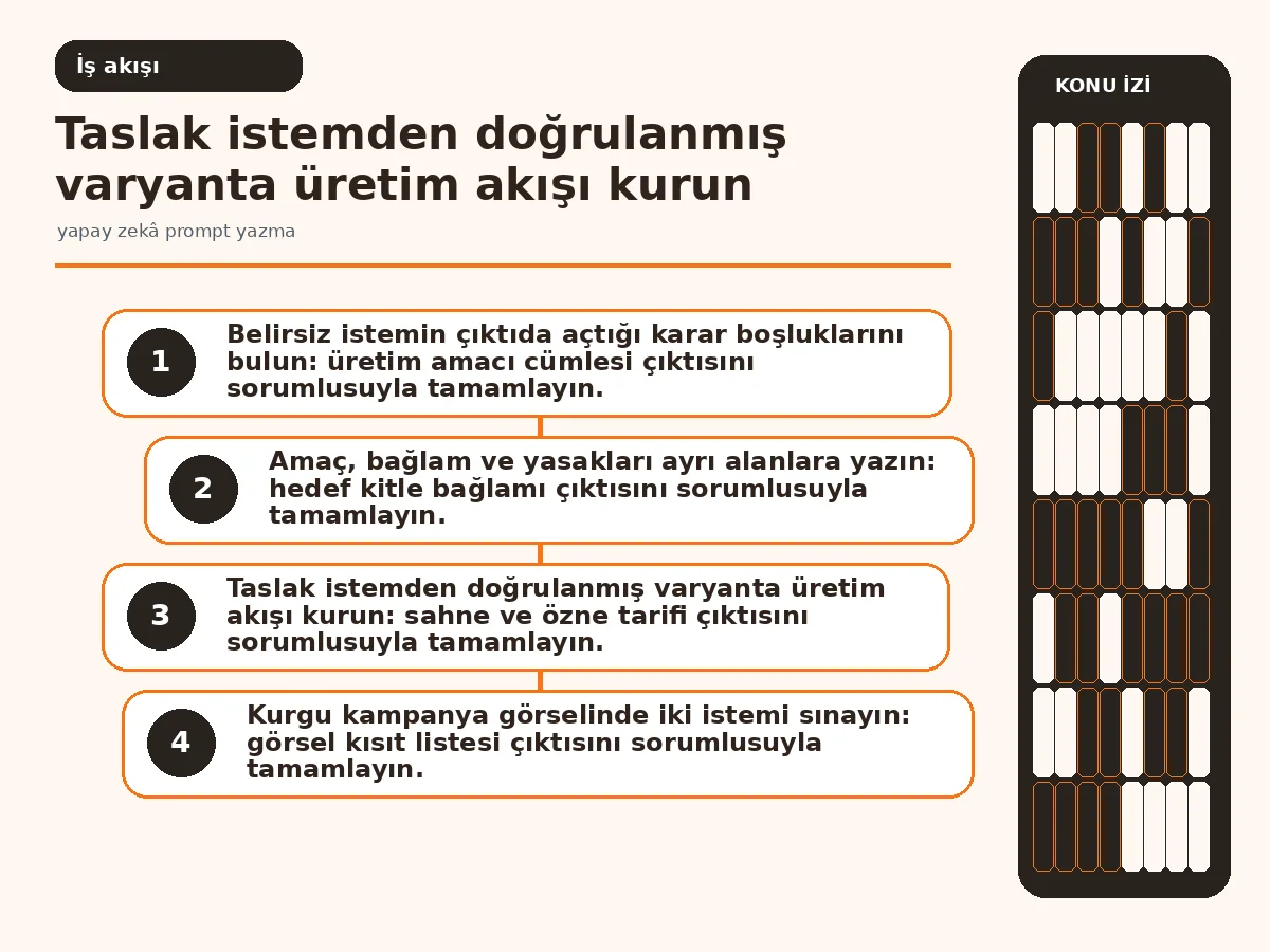 taslak istemden insan onaylı varyanta uzanan üretim akışı.