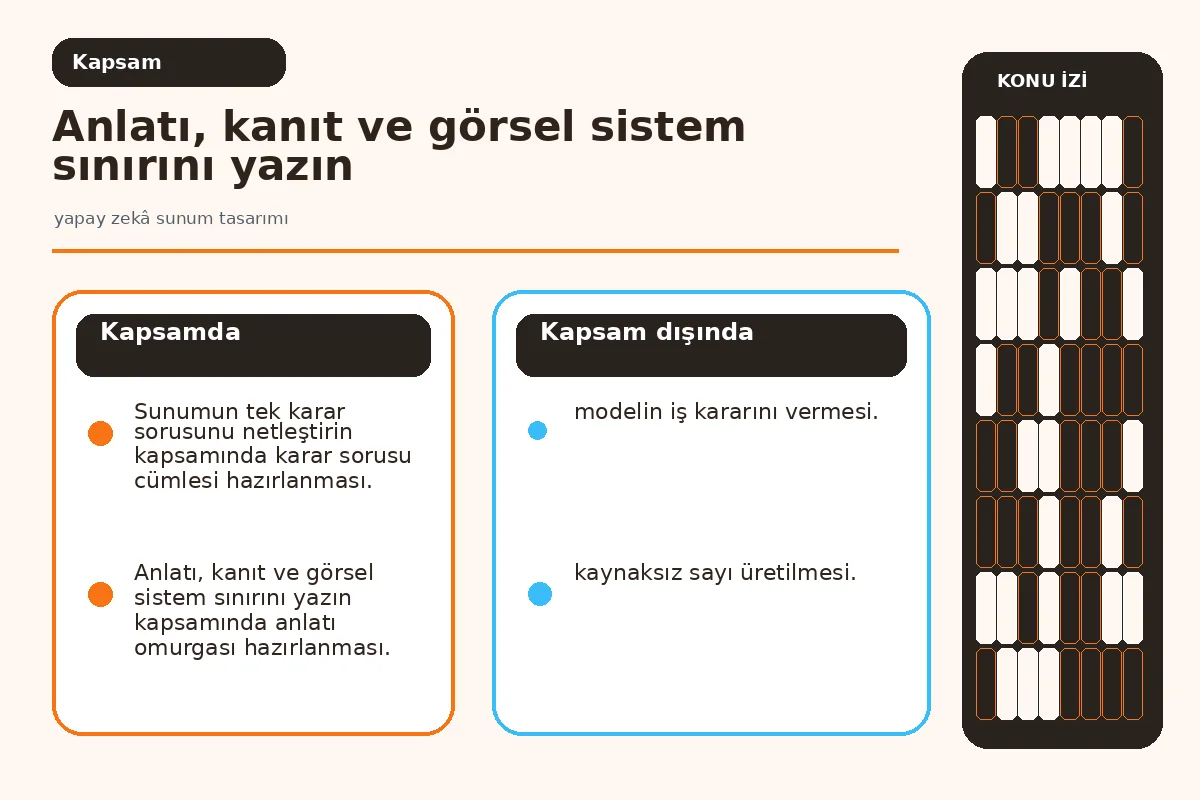 yapay zekâ sunum tasarımı: 7 güvenli karar adımı 2 kanıt, konuşmacı notu ve görsel sistemi ayıran sunum haritası.