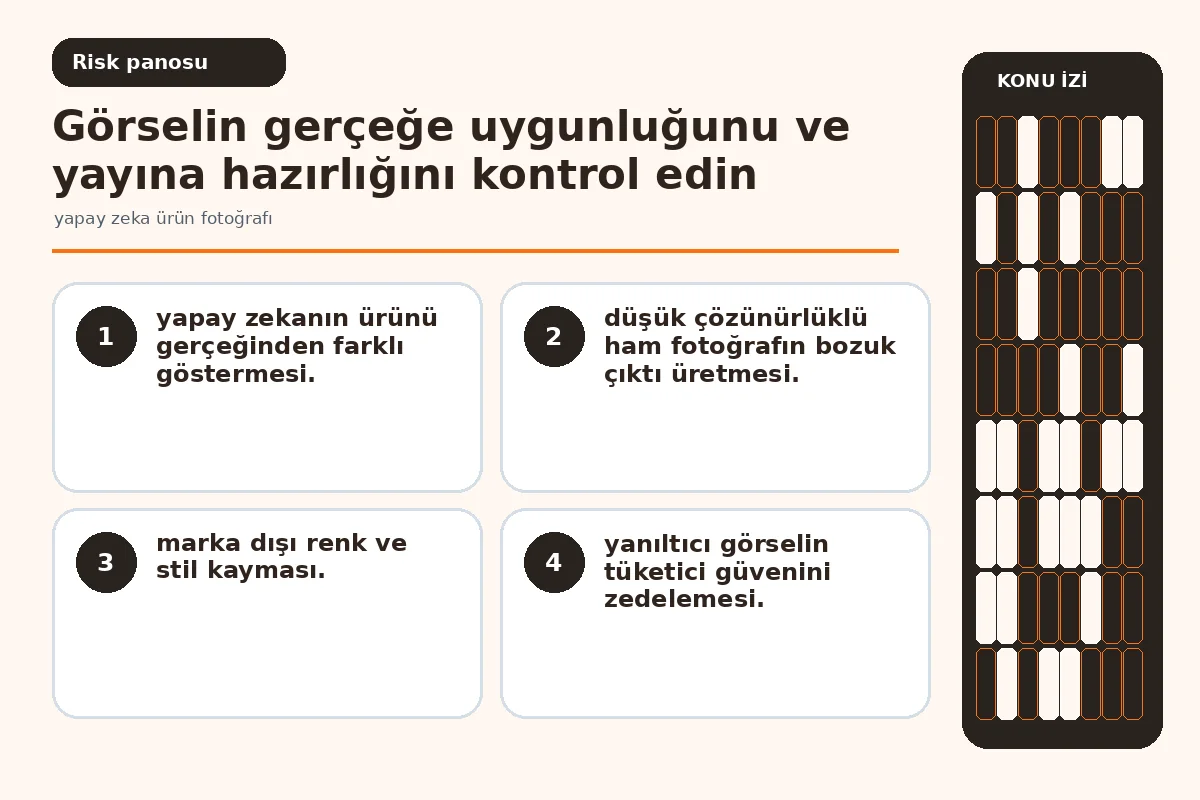 Net 7 Adımda Yapay Zeka Ürün Fotoğrafı Oluşturma 5 Yanıltıcı görsel örnekleri ve kaçınılması gereken hataları gösteren uyarı görseli (risk).