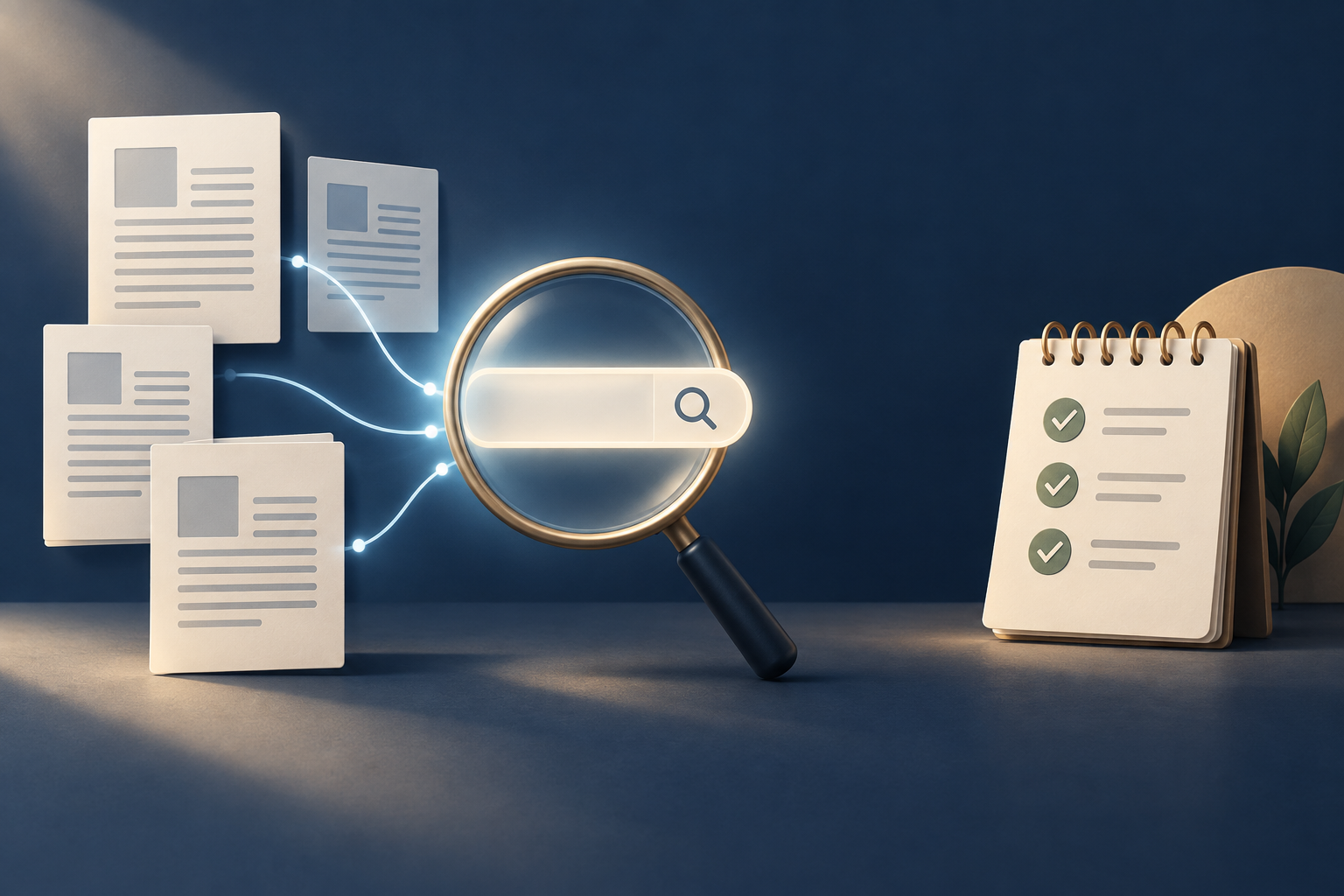 Search Console AI Görünürlük Raporu: Gösterimden İş Sonucuna Ölçüm Planı 2 Kaynak sayfalar, arama görünürlüğü ve ayrı iş sonucu kayıtlarını simgeleyen temsili illüstrasyon.